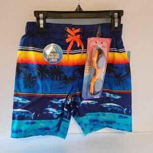 XEROXPOSUR SWIM SHORTS & GOGLES UPF 50 + OCEAN SHARK MOTIF SZ6/7